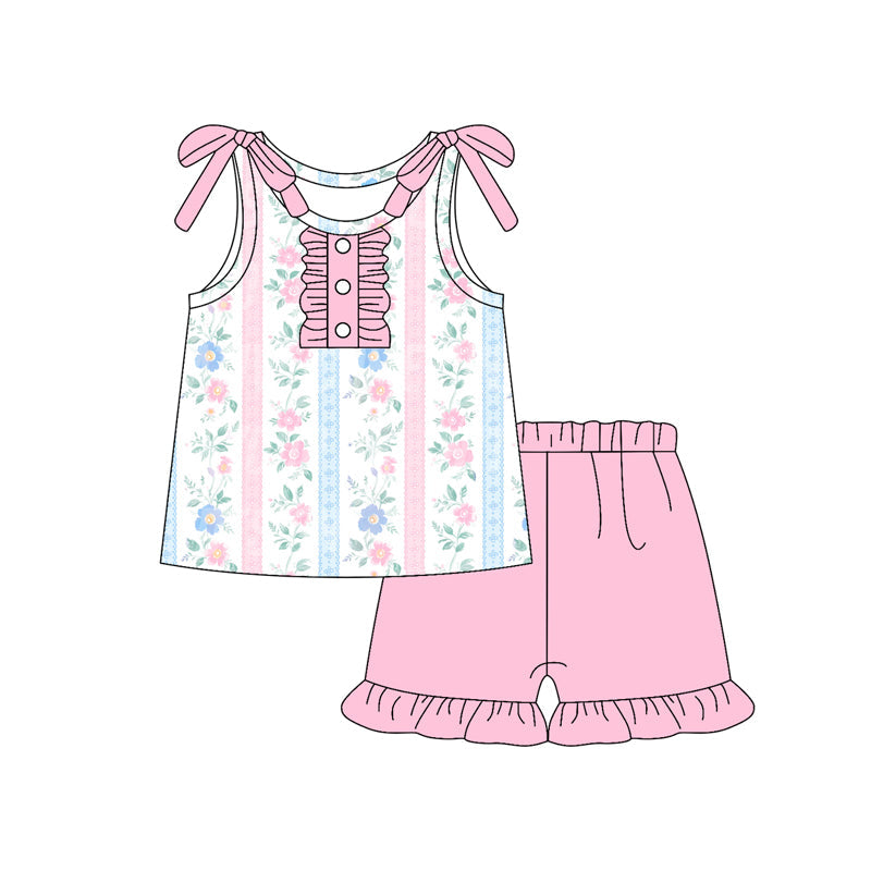 ( Moq 5 ) Preorder Baby Girl Sleeveless Flower Stripes Buttons Tunic Ruffle Shorts Set