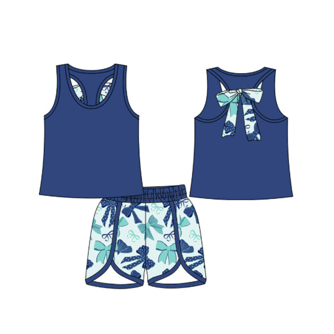 ( Moq 5 ) Preorder Baby Girl Sleeveless Blue Vest Shirt Bows Shorts Set
