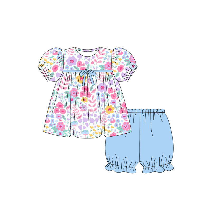 ( Moq 5 ) Preorder Baby Girl Short Sleeves Floral Tunic Blue Shorts Set