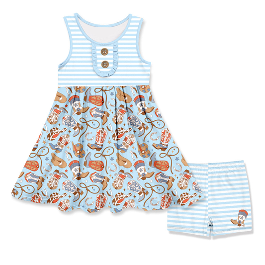 ( Moq 5 ) Preorder Baby Girl Sleeveless Blue Stripes Western Boots Hats Tunic Shorts Set