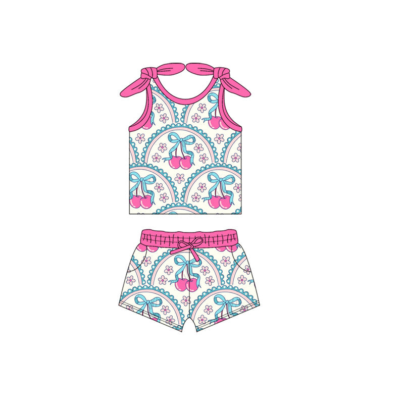( Moq 5 ) Preorder Baby Girl Sleeveless Flower Bows Cherry Vest Tops Pockets Shorts Set