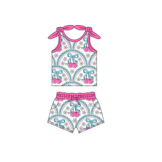 ( Moq 5 ) Preorder Baby Girl Sleeveless Flower Bows Cherry Vest Tops Pockets Shorts Set