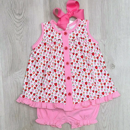 ( Moq 5 ) Preorder Baby Girl Sleeveless Strawberry Buttons Tunic Pink Shorts Set