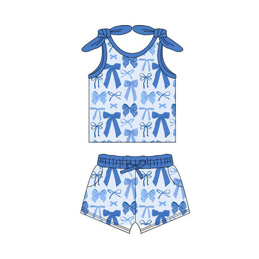 ( Moq 5 ) Preorder Baby Girl Sleeveless Blue Bows Tops Pockets Shorts Set