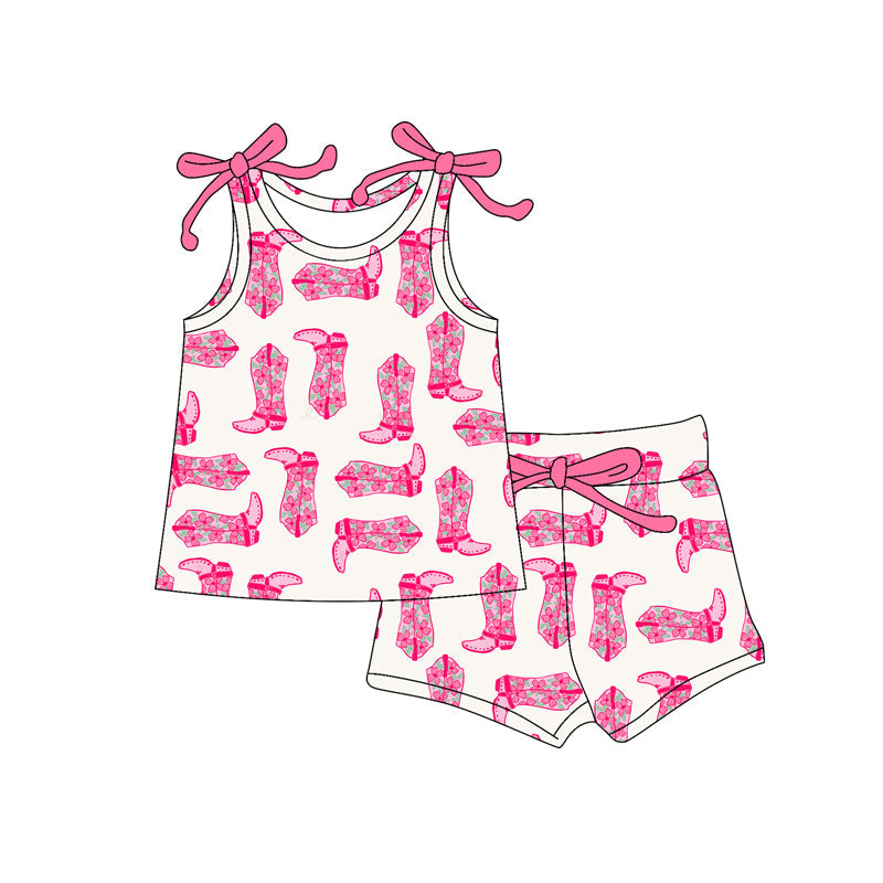 ( Moq 5 ) Preorder Baby Girl Bows Sleeveless Pink Boots Tops Shorts Western Set