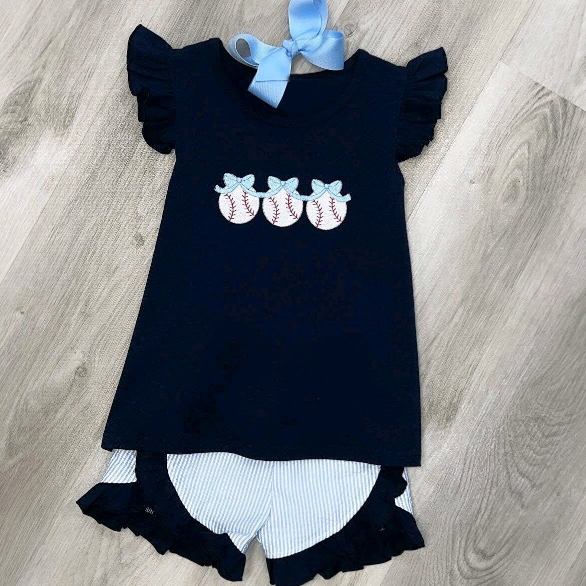 ( Moq 5 ) Preorder Baby Girl Navy Short Sleeves Baseball Shirt Ruffle Stripes Shorts Set