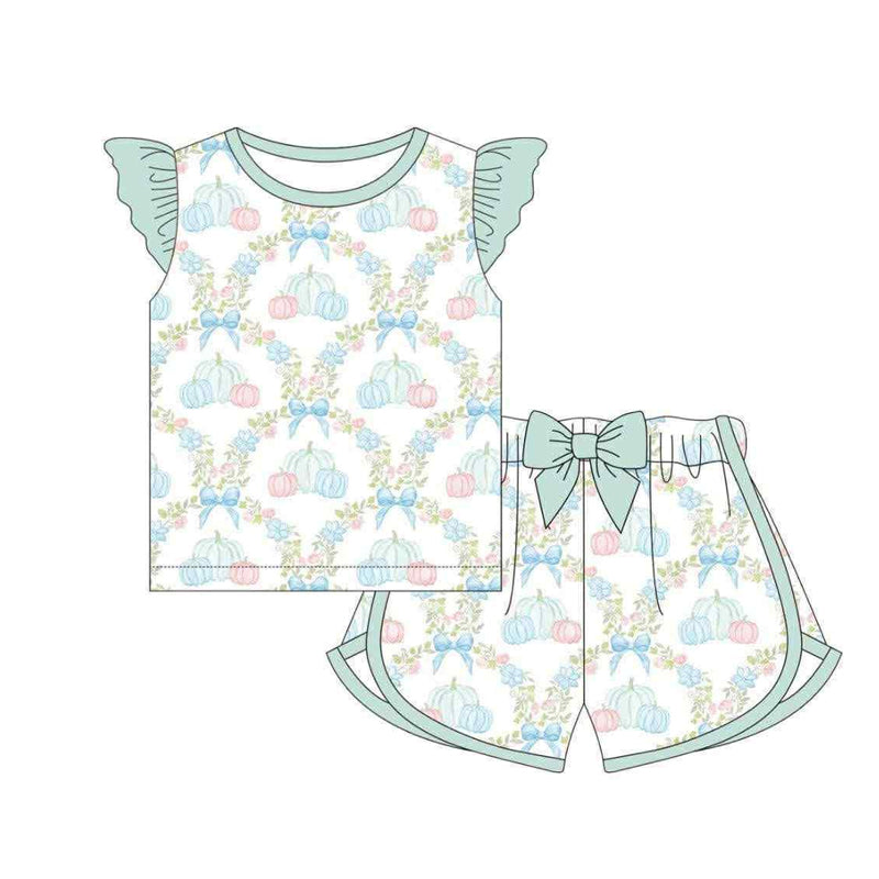 ( Moq 5 ) Preorder Baby Girl Short Sleeves Flower Pumpkins Bows Shirt Shorts Set