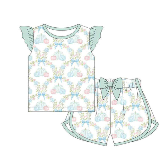 ( Moq 5 ) Preorder Baby Girl Short Sleeves Flower Pumpkins Bows Shirt Shorts Set