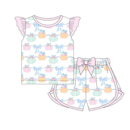 ( Moq 5 ) Preorder Baby Girl Short Sleeves Pumpkin Bows Shirt Shorts Set