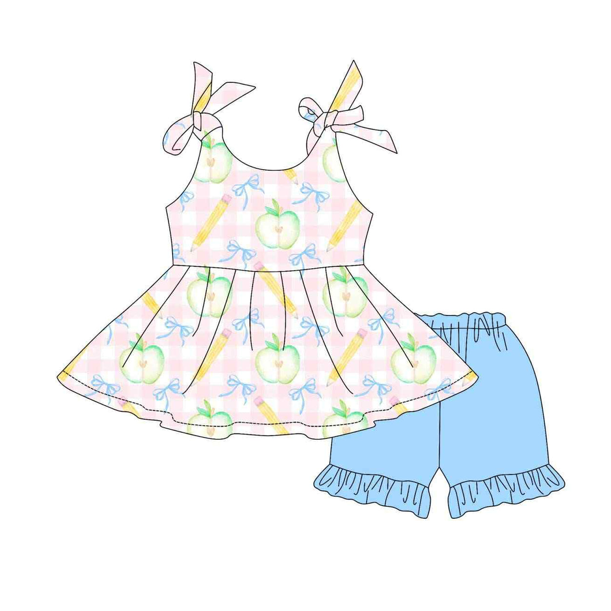 ( Moq 5 ) Preorder Baby Girl Straps Apple Bows Pencils Tunic Blue Shorts Back To School Set