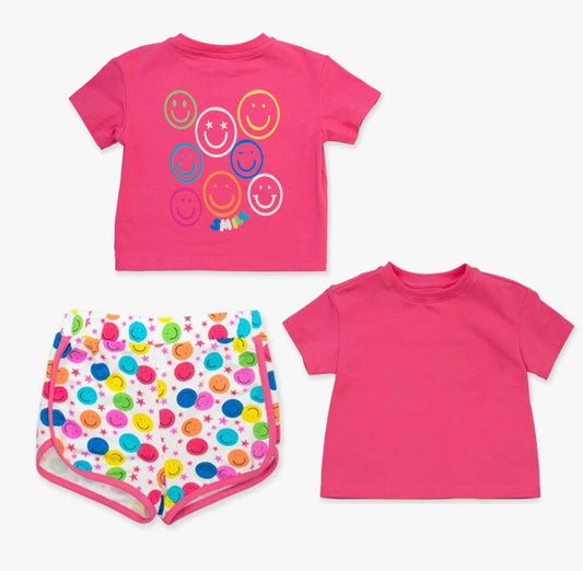 ( Moq 5 ) Preorder Baby Girl Pink Short Sleeves Smile Shirt Shorts Set