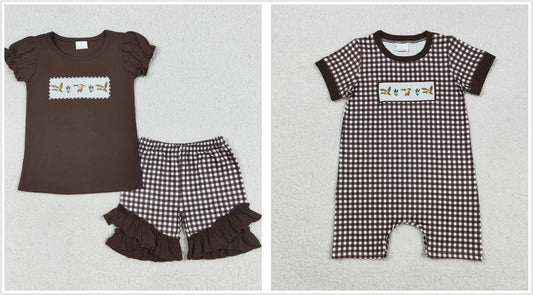 Girls Kids Short Sleeves Embroidery Ducks Plaid Sibling Romper Set Clothes RTS