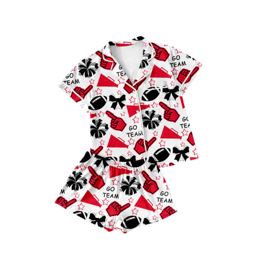( Moq 5 ) Preorder Baby Girl Shot Sleeves Football Stars Black Bows Cheer Buttons Shirt Short Pajamas Team Set