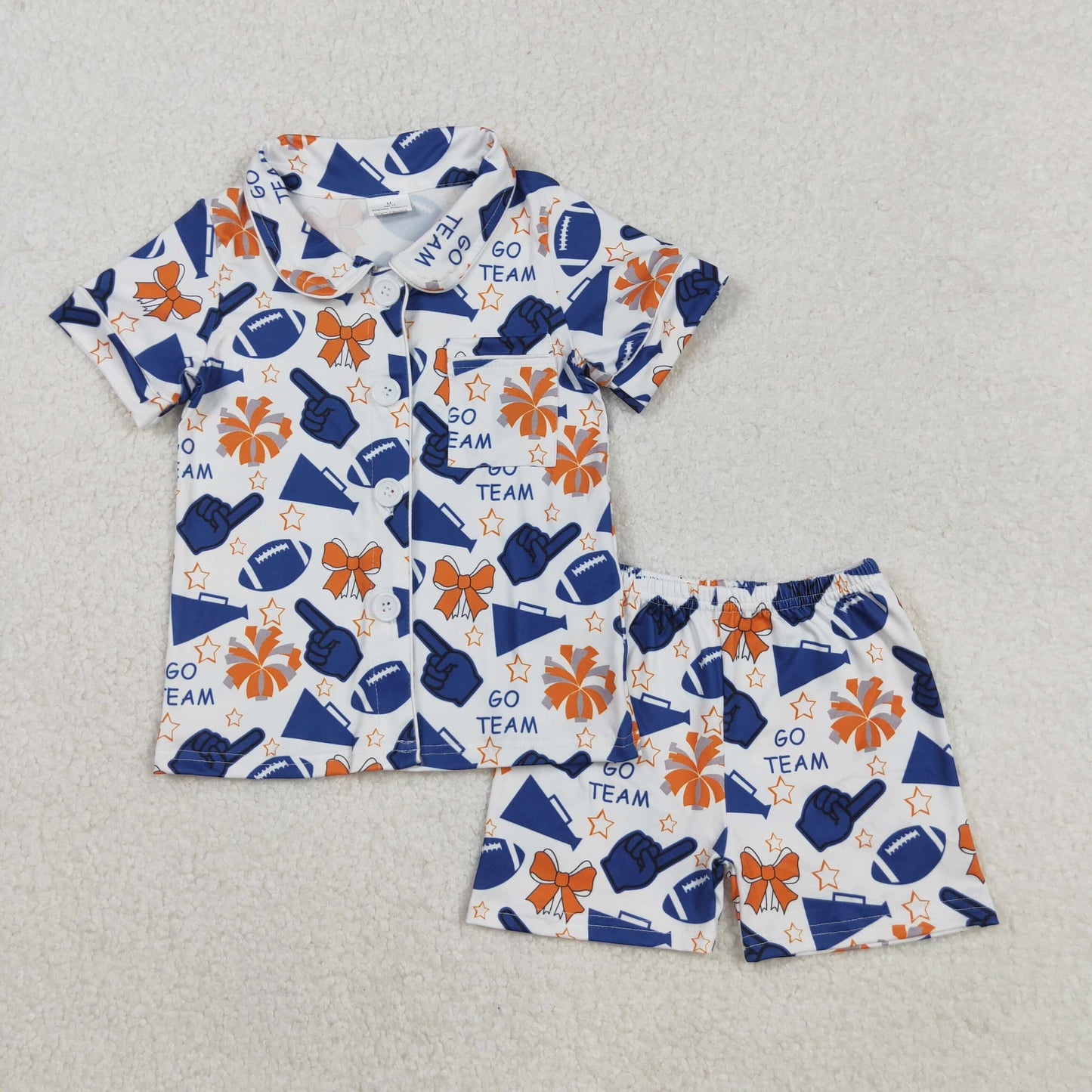 Sibling Girls Kids Shot Sleeves Football Stars Bows Cheer Buttons Shirt Short Pajamas Team Set RTS