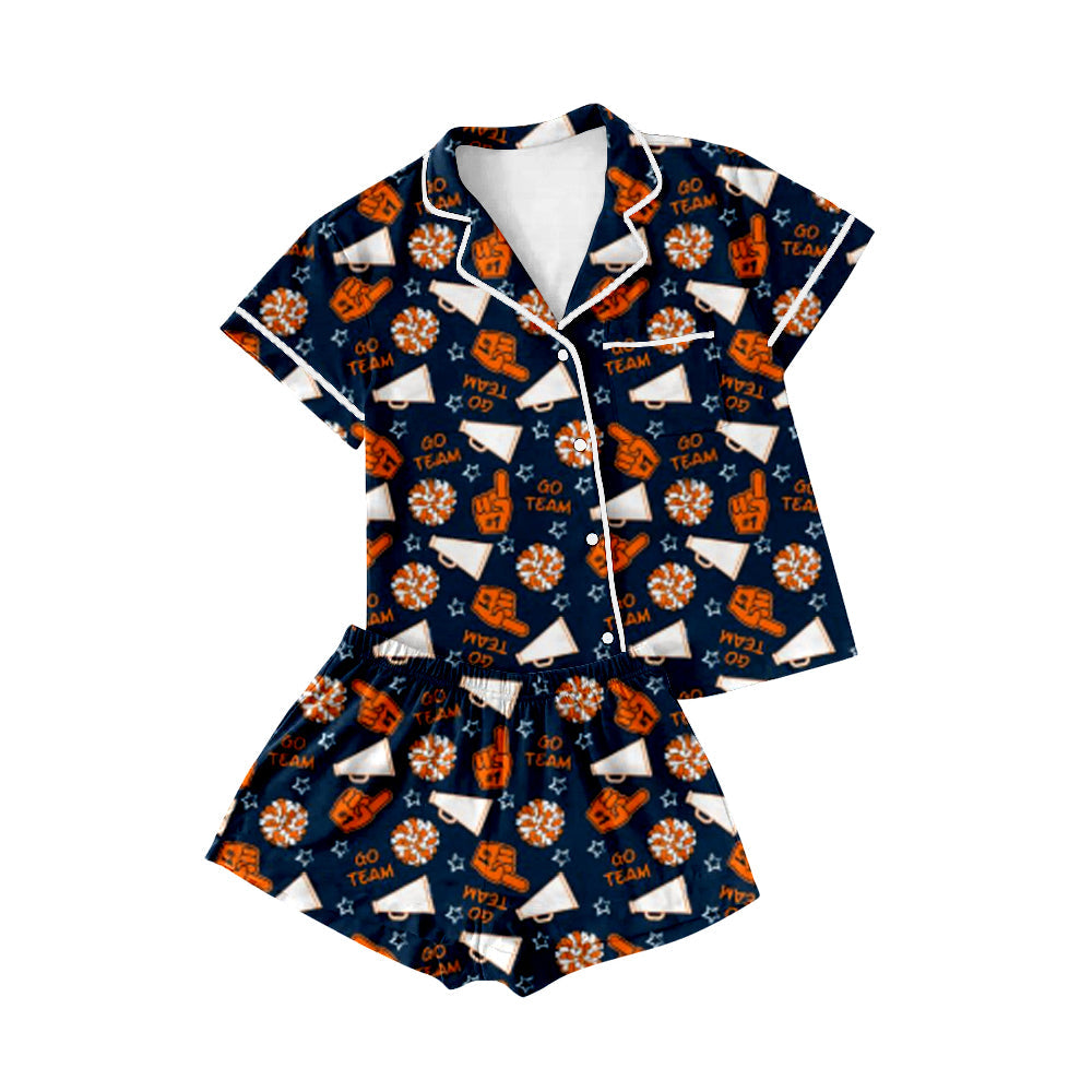 ( Moq 5 ) Preorder Baby Girl Shot Sleeves Team Cheer Buttons Shirt Short Pajamas Set