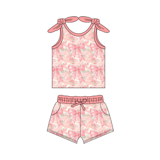 ( Moq 5 ) Preorder Baby Girl Sleeveless Bows Camo Tops Pockets Shorts Clothes Pink Set