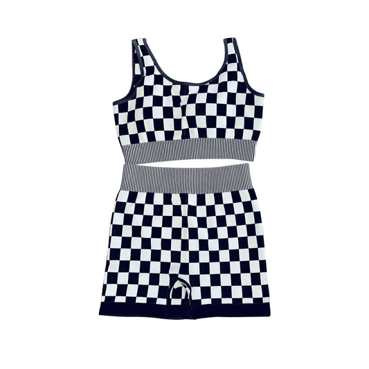 ( Moq 5 ) Preorder Adult Women Sleeveless Black Plaid Tank Tops Shorts Active Yoga Clothes Set