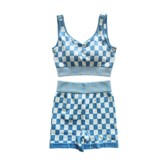 ( Moq 5 ) Preorder Adult Women Sleeveless Blue Plaid Tank Tops Shorts Active Yoga Clothes Set