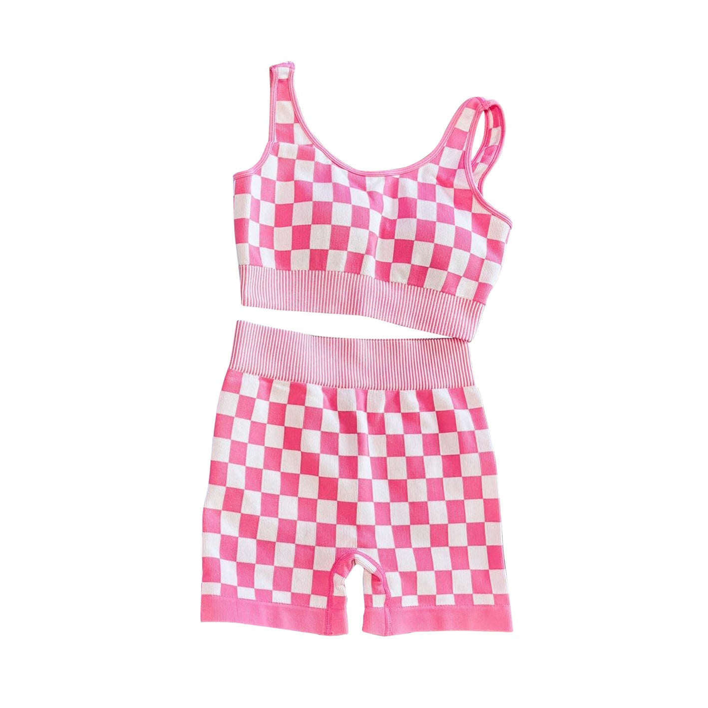 ( Moq 5 ) Preorder Adult Women Sleeveless Pink Plaid Tank Tops Shorts Active Yoga Clothes Set