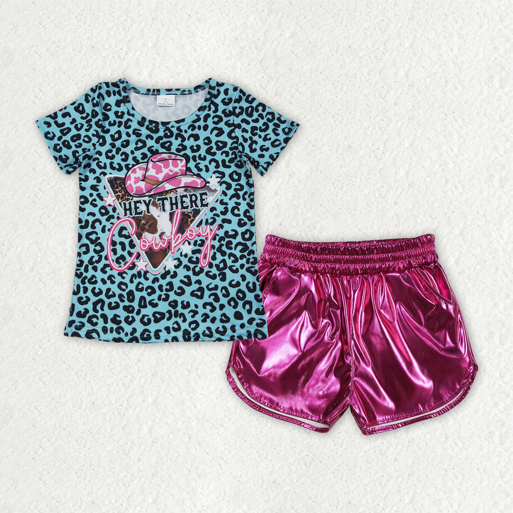 Baby Girl Short Sleeves Cowboy Leopard Shirt Pink Leather Shorts Clothes Set RTS