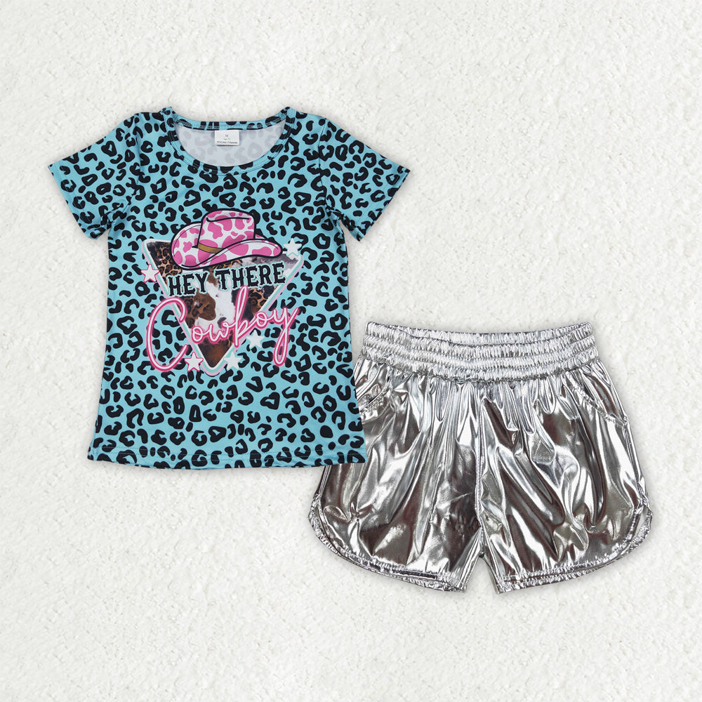 Baby Girl Short Sleeves Cowboy Leopard Shirt Leather Shorts Clothes Set RTS