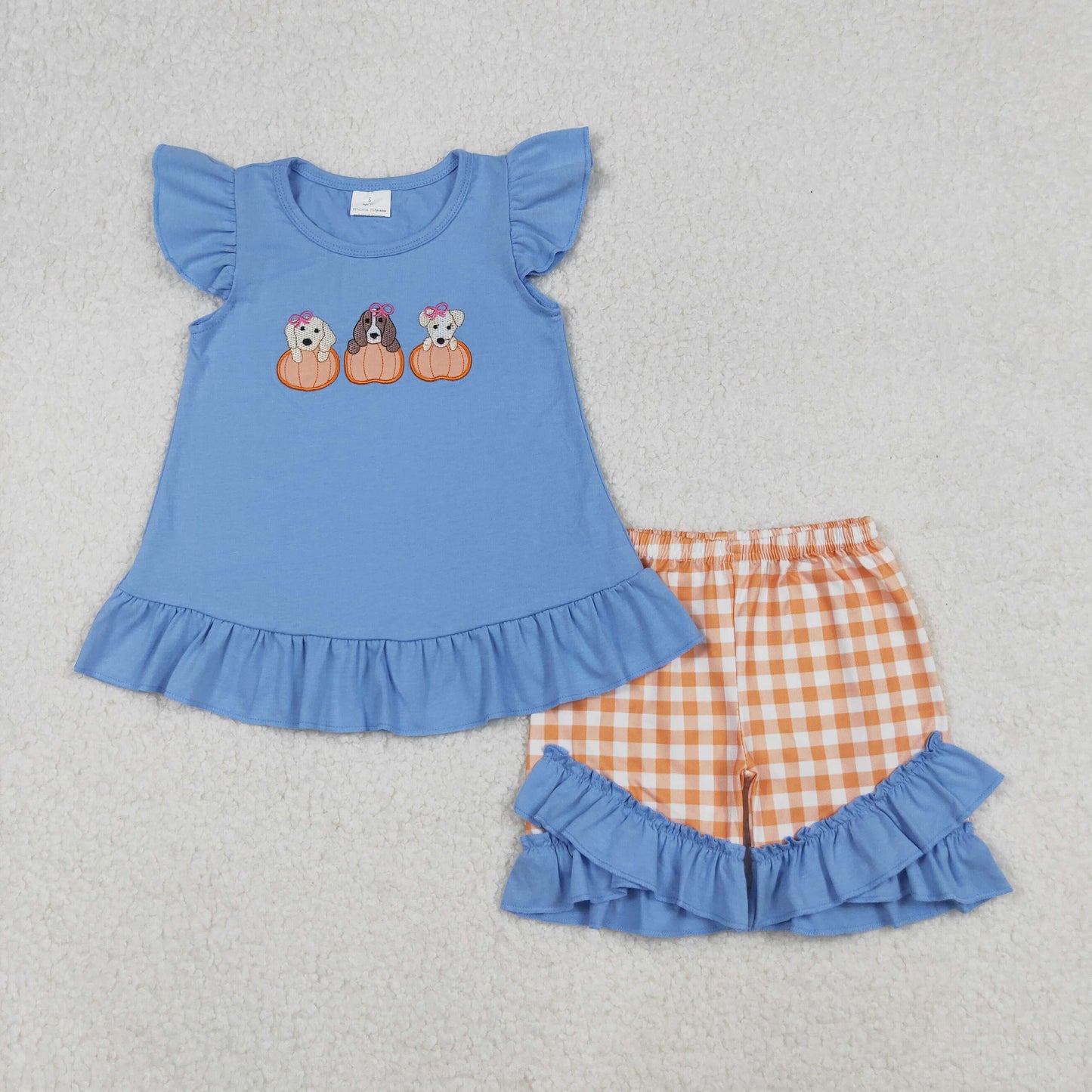 Sibling Boys Girls Kids Short Sleeves Embroidery Dogs Pumpkins Plaid Fall Romper Set RTS