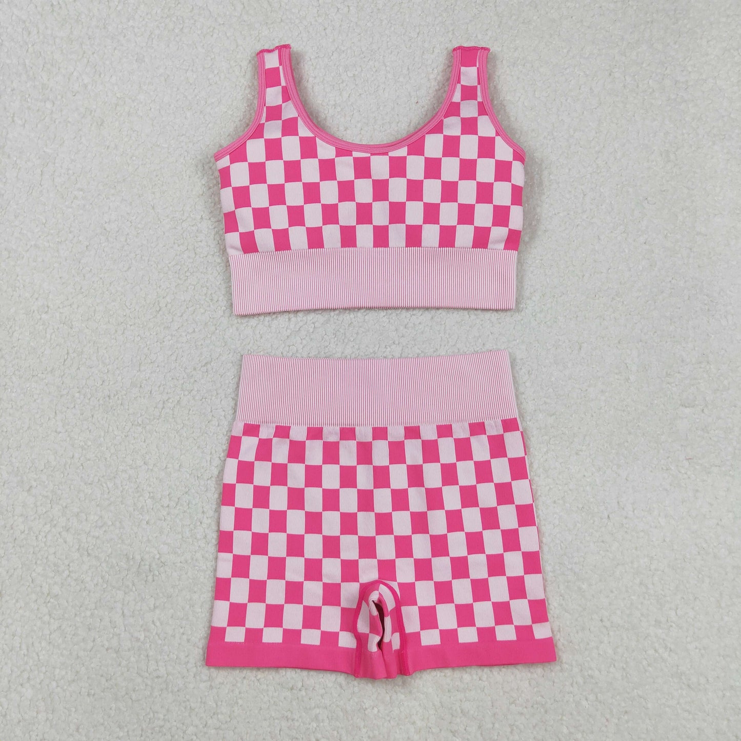 Sibling Adult Woman Sleeveless Camo Checked Tank Tops Shorts Knitted Yoga Set RTS