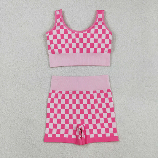 Adult Woman Sleeveless Pink Checkered Tank Tops Shorts Knitted Yoga Set RTS