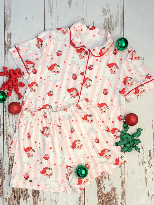 ( Moq 5 )Preorder Girls Kids Santa Stripes Christmas Buttons Shirt Shorts Pajamas Clothes Set