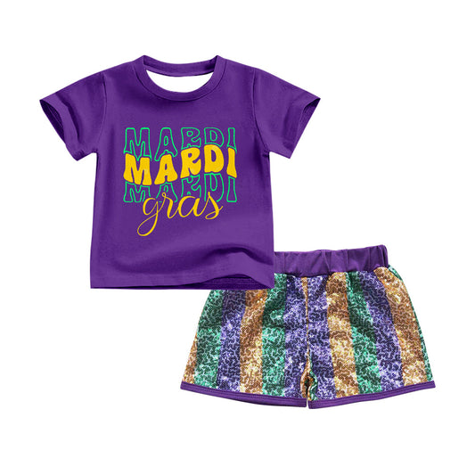(Moq 5 ) Preorder Girls Kids Short Sleeves Purple Shirt Stripes Sequins Shorts Mardi Gras Set