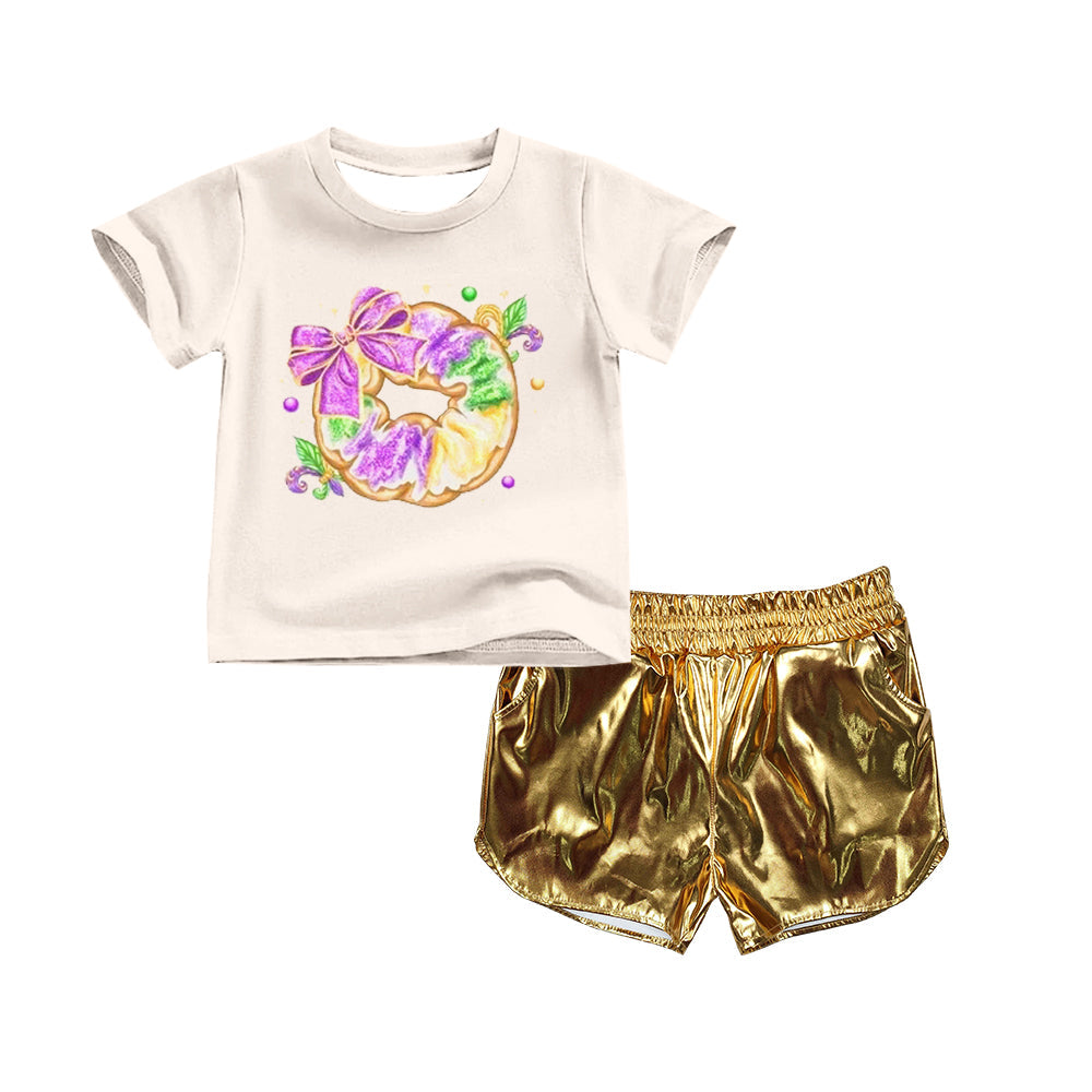 (Moq 5 ) Preorder Girls Kids Donut Bow Shirt Leather Shorts Mardi Gras Clothes Set