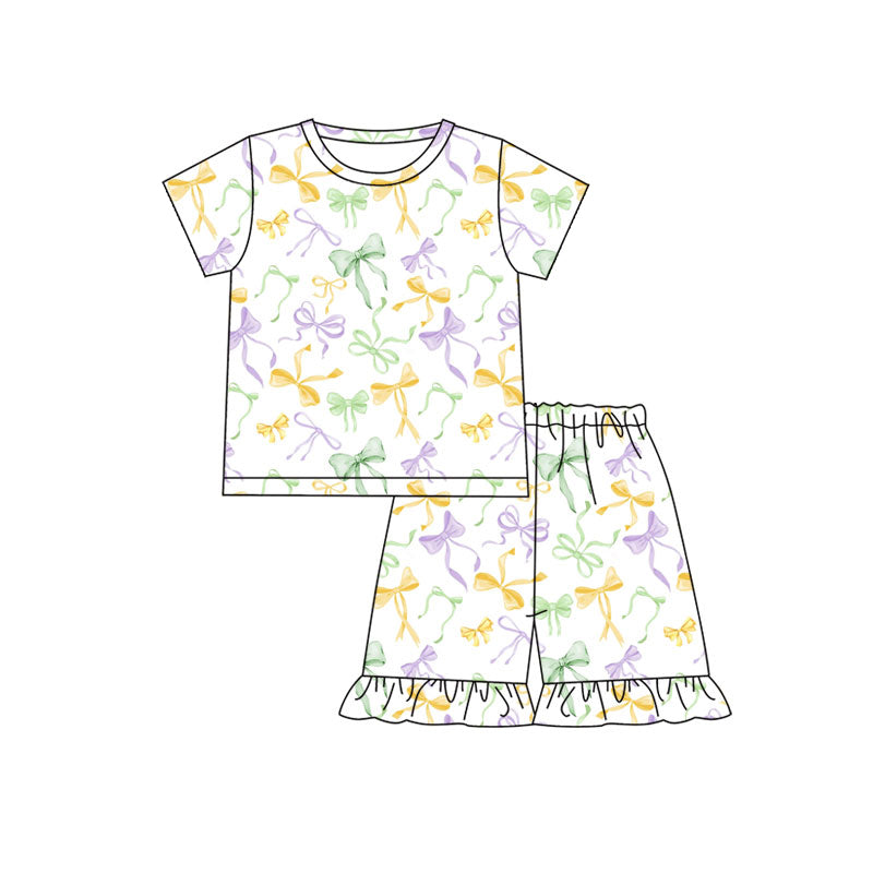 Girls Kids Short Sleeves Mardi Gras Bows Shirt Shorts Pajamas Clothes Set RTS