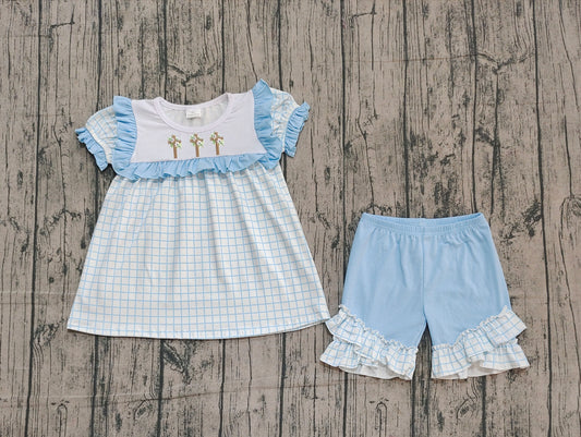 ( No moq ) Preorder Girls Kids Embroidery Flower Cross Plaid Tunic Blue Shorts Easter Set