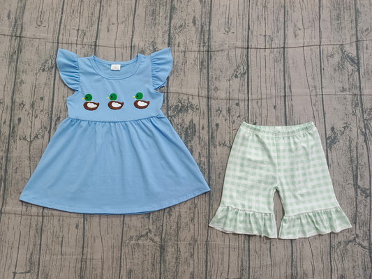 ( No moq ) Preorder Girls Kids Short Sleeves Embroidery Ducks Tunic Plaid Shorts Set