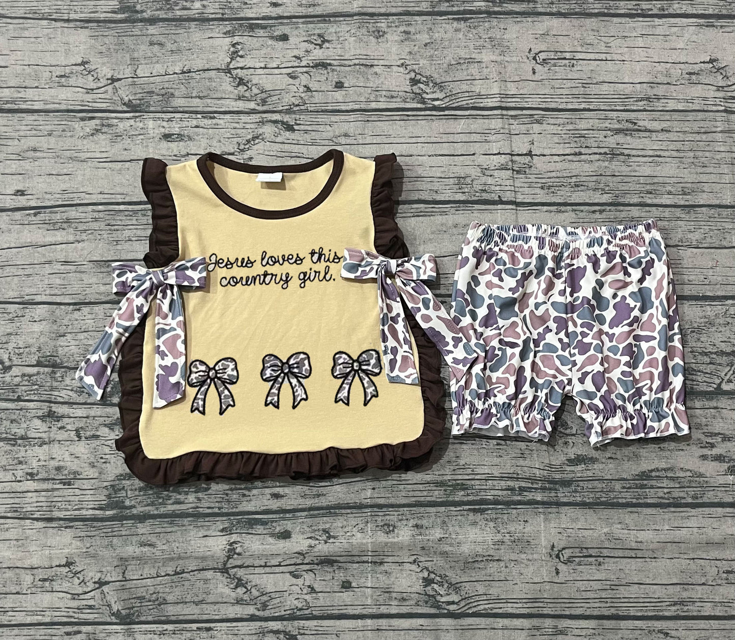 ( No moq ) Preorder Girls Kids Embroidery Jesus Love Me Bows Tops Camo Shorts Set