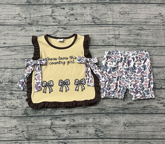 ( No moq ) Preorder Girls Kids Embroidery Jesus Love Me Bows Tops Camo Shorts Set
