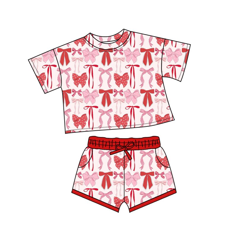 ( Moq 5 ) Preorder Girls Kids Short Sleeves Hearts Bows Shirt Pockets Shorts Valentine Set