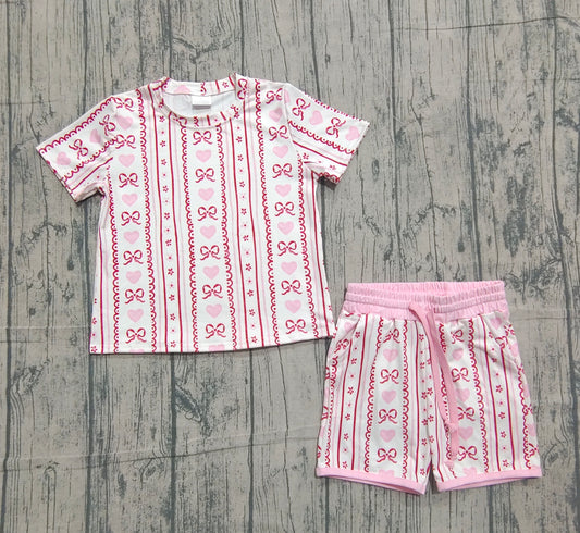 Baby Girls Kids Short Sleeves Hearts Bows Floral Shirt Pockets Shorts Valentine Set RTS
