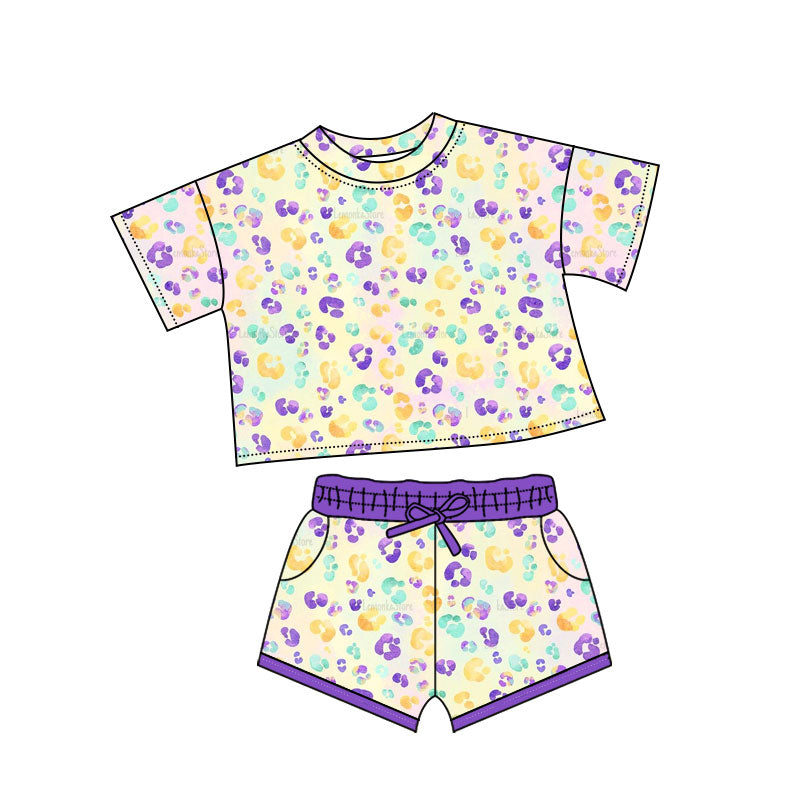( Moq 5 ) Preorder Girls Kids Short Sleeves Leopard Tops Pockets Shorts Mardi Gras Set