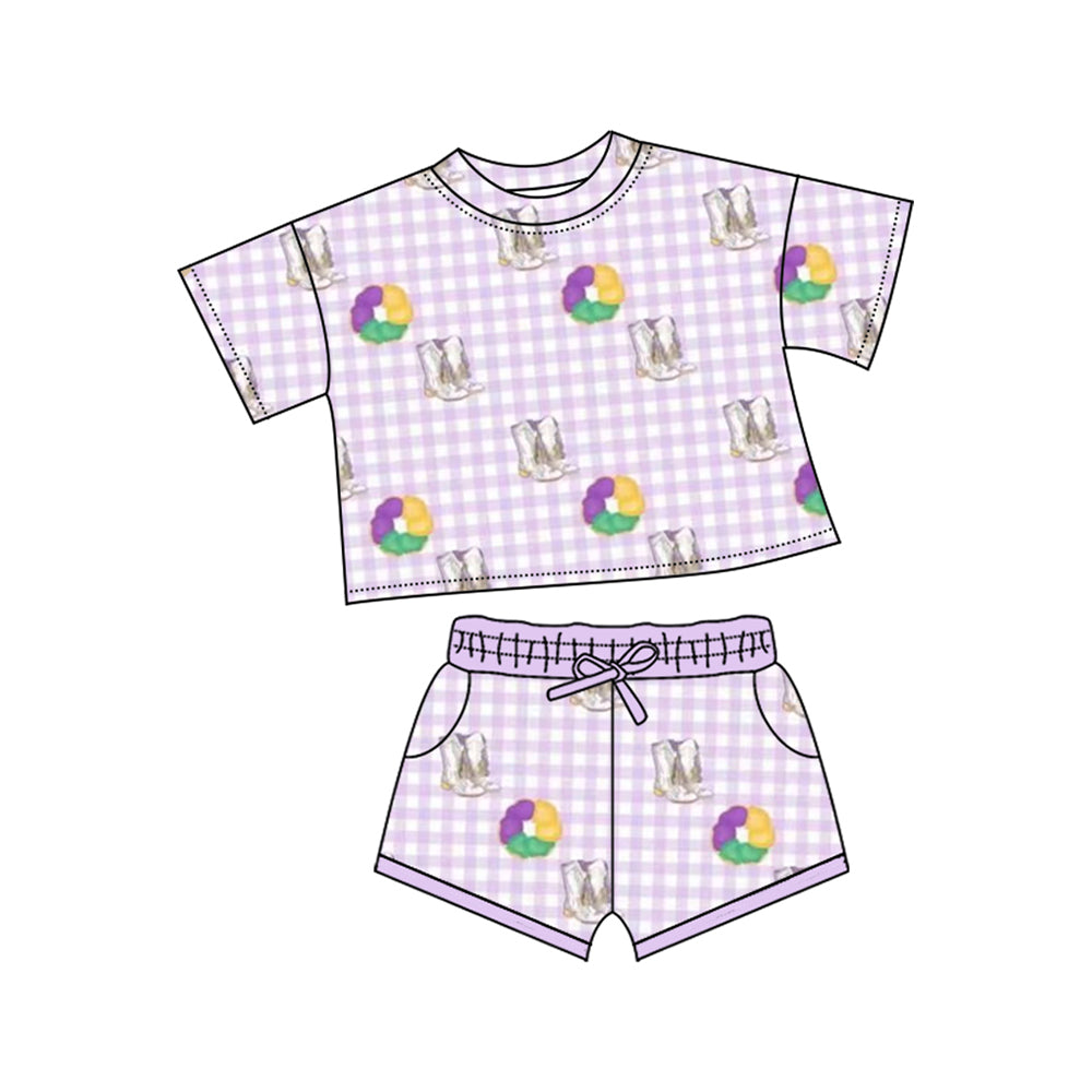 ( Moq 5 ) Preorder Girls Kids Short Sleeves Donuts Boots Tops Pockets Shorts Mardi Gras Set