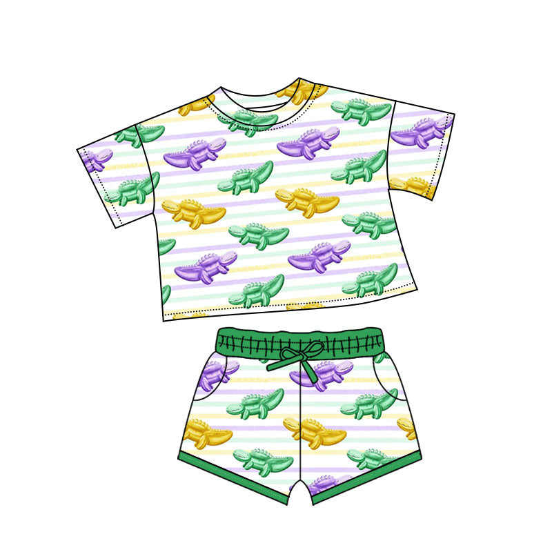 ( Moq 5 ) Preorder Girls Kids Short Sleeves Crocodiles Tops Pockets Shorts Mardi Gras Set