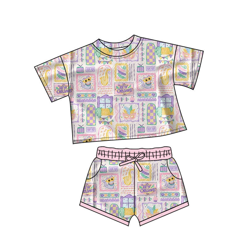 ( Moq 5 ) Preorder Girls Kids Short Sleeves Masks Shirt Pockets Shorts Mardi Gras Outfit