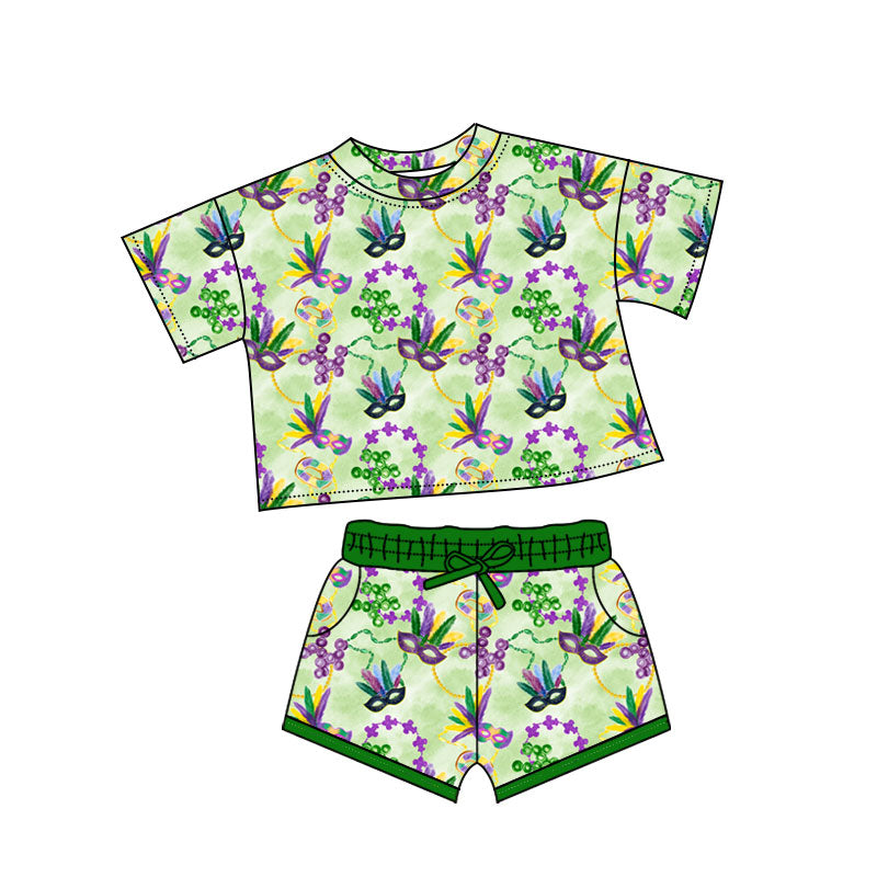 ( Moq 5 ) Preorder Girls Kids Short Sleeves Masks Shirt Pockets Shorts Mardi Gras Set