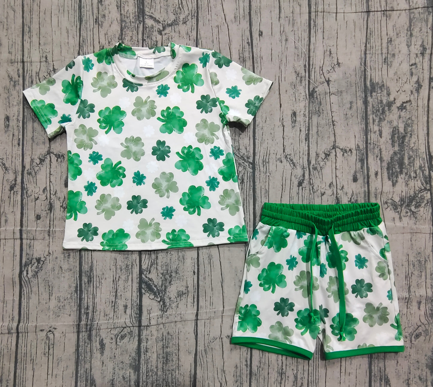 ( No moq ) Preorder Baby Kids Short Sleeves Clovers Shirt Pockets Shorts St Patrick Green Set