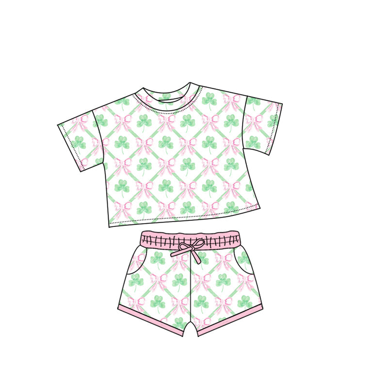 ( Moq 5 ) Preorder Baby Kids Short Sleeves Clovers Bows Shirt Pockets Shorts St Patrick Set
