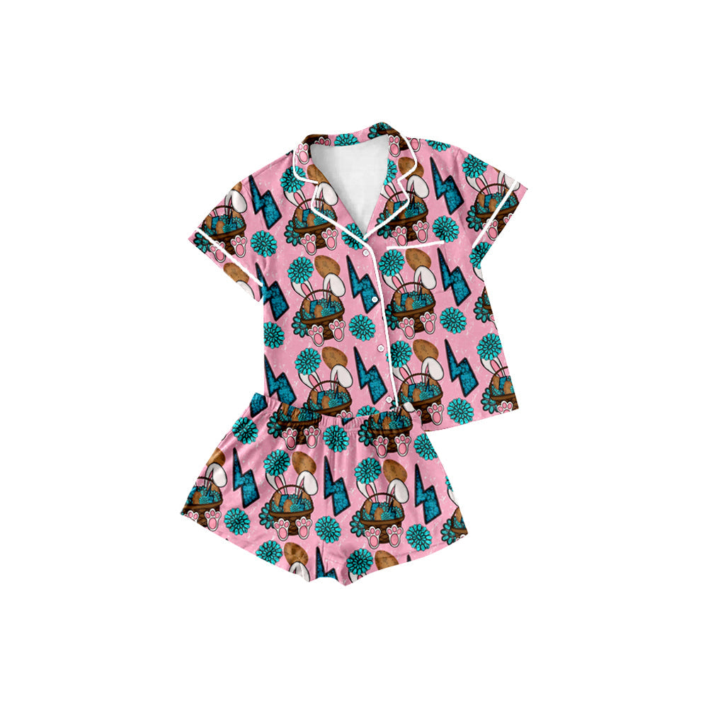 ( Moq 5 ) Preorder Baby Girls Kids Rabbits Eggs Buttons Shirt Shorts Easter Western Pajamas Set