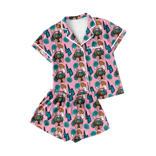 ( Moq 5 ) Preorder Adult Women Rabbits Eggs Buttons Shirt Shorts Easter Western Pajamas Set