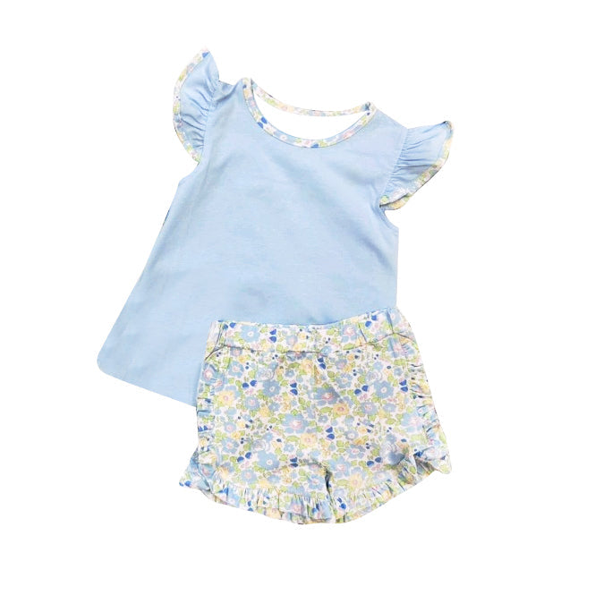 ( Moq 5 ) Preorder Baby Girls Short Sleeves Blue Shirt Floral Ruffle Shorts Clothes Set
