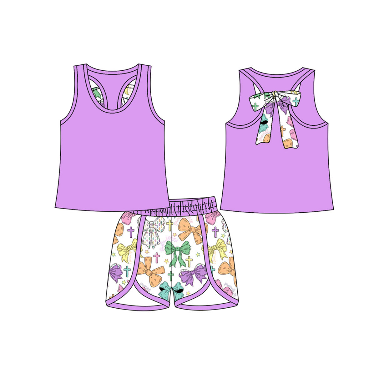 ( Moq 5 ) Prorder Baby Girls Purple Tops Bows Cross Shorts Easter Clothes Set