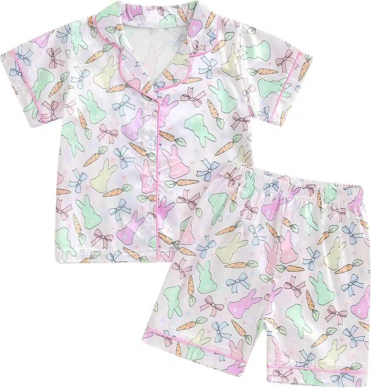( Moq 5 ) Preorder Adult Women Rabbits Carrots Bows Buttons Shirt Shorts Easter Pajamas Set